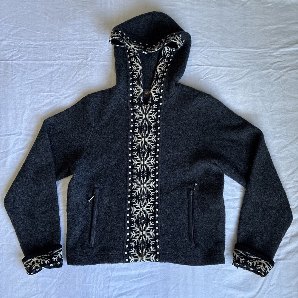 Woolrich 100% Wool Women's Hooded Sweater SZ Small Gray Nordic Winter